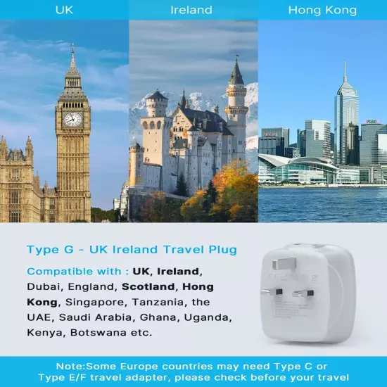 2 Pack UK Ireland Travel Plug Adapter, International Power Adaptor with 1USB C,