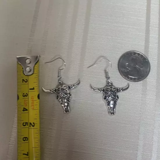 New Cowboy Boho Steer Longhorn Bull Earrings Silver-tone Pierced 2”L Laser Cut