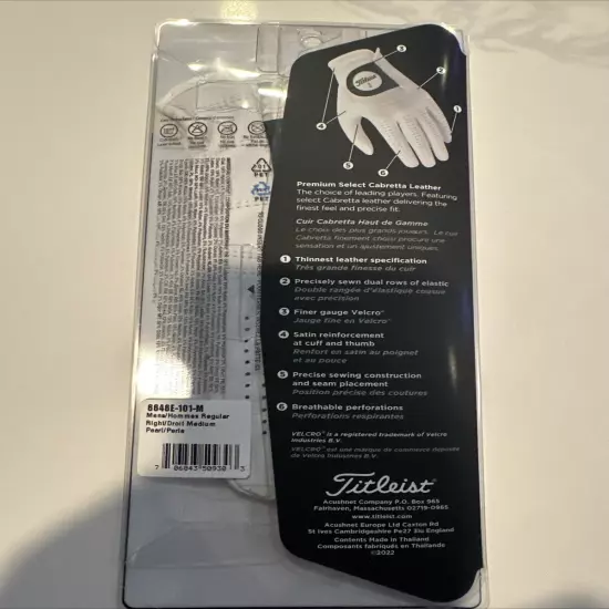 Titleist Players Men's Right Hand Leather Golf Glove - White, M. New