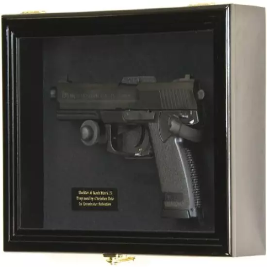 Gun Display Case Wood Black Handgun Pistol Revolver Lock US Shadow Box Frame 