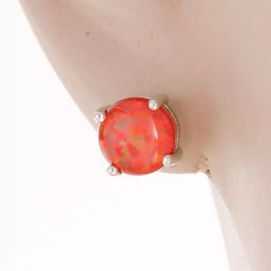 Red Fire Opal 8mm Round Cabochon Silver Jewelry Women Simple Stud Earrings