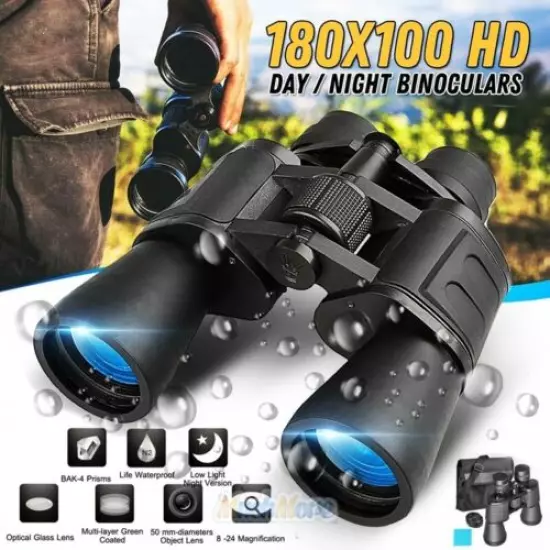 50mm Tube 10x-180x100 Zoom Binoculars Telescope Waterproof Day/Night Vision+Case