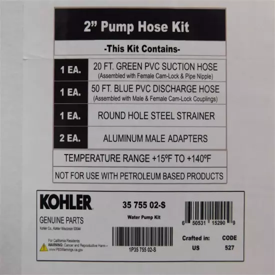 NEW Kohler 35 755 02-S 2" Pump Cam-Lock Hose Kit Suction Discharge & Strainer