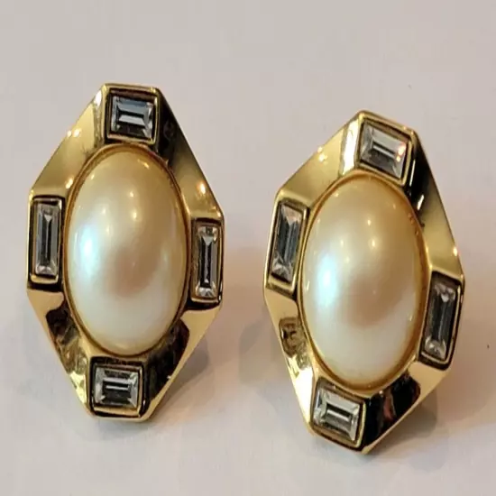 Monet Polished Gold Tone Baguette Rhinestone Faux Pearl Omega Earrings