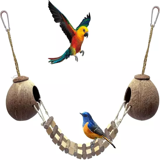 Coconut Bird Nest Hut with Ladder Hanging Birds Hide House Toy for Cage Natural 