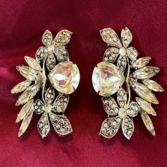 KIRKS FOLLY Clip Earrings Clear Crystal Silver Tone Flowers