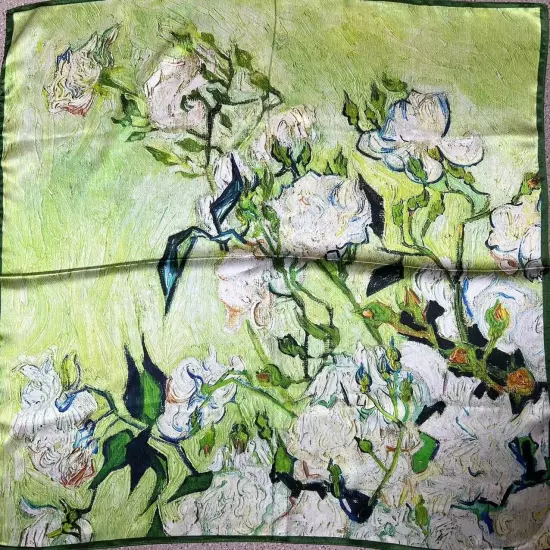 26"X26"Van Gogh White Rose Print Pure Mulberry Satin Silk 12momme Scarf 65x65cm