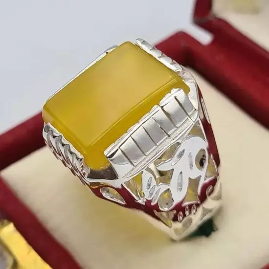 Aqeeq Akik Hakik Bague - Handmade Natural Yellow Yemeni Aqeeq Ring, Stunning Des