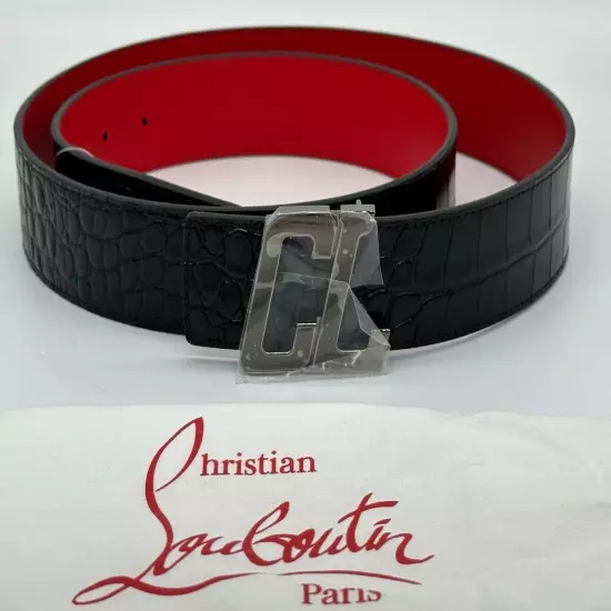 Christian Louboutin HAPPY RUI CL Logo Reversible Croc Leather Belt Black $550