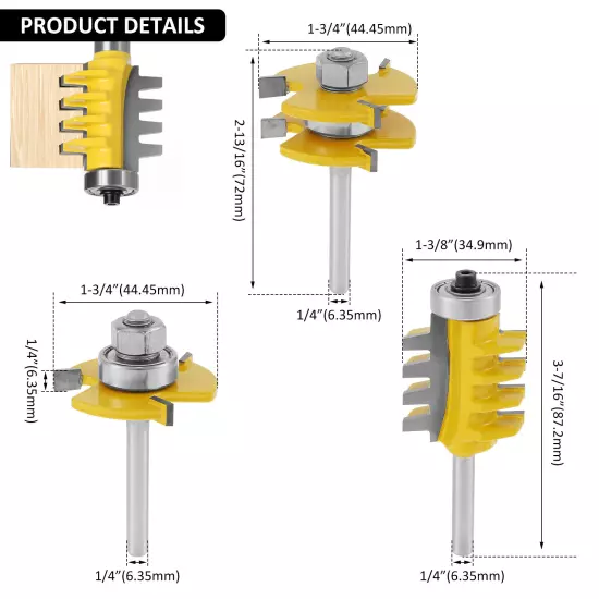 3Pcs 1/4" Shank Tongue and Groove Router Bit Reversible Finger Joint Router Bitφ