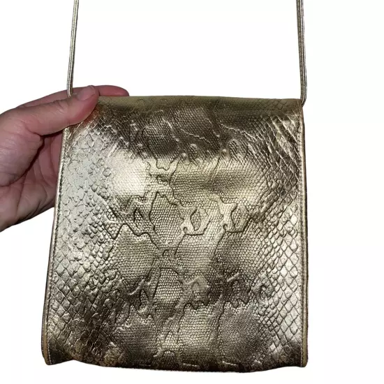 Vintage Crossbody Shoulder Bag Womens One Size Gold Snake Embossed Leather Snap