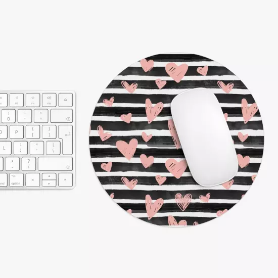 Pink Hearts with Black & White Stripes Mouse Pad 