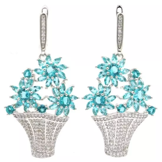 Beautiful Rich Blue Aquamarine White CZ Woman's Present Silver Earrings