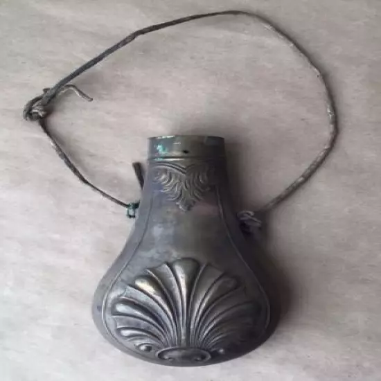 Antique Brass Powder Flask, 6 3/4" Tall