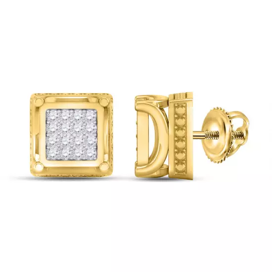 10K Yellow Gold Mens Round Diamond Square Earrings 1/10 Cttw