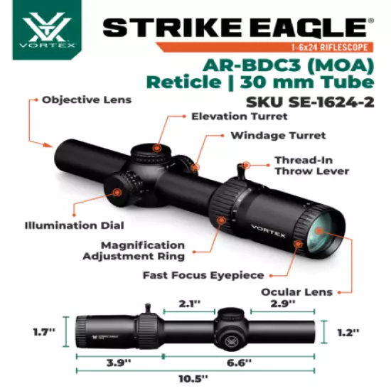 Vortex Optics Strike Eagle 1-6x24 BDC3 Riflescope w/ 30mm High Rings +Free Hat