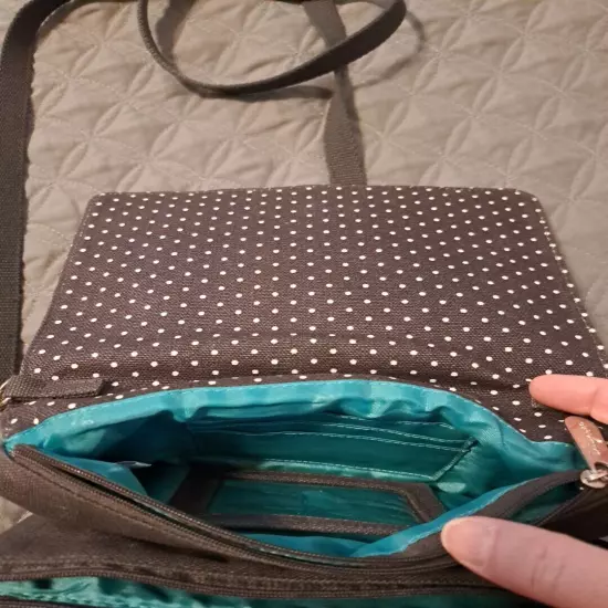 Thirty One Double Up Crossbody Purse Gray White Polka Dot Turquoise Lining