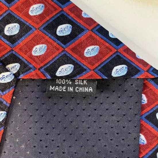 New In Bag Pfizer Viagra Tie Red Geometric Blue Pattern Printed Silk Necktie