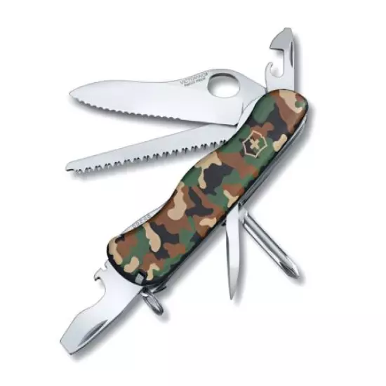 VICTORINOX TREKKER CAMO Serrated One Hand SWISS ARMY KNIFE W/ Nylon Pouch