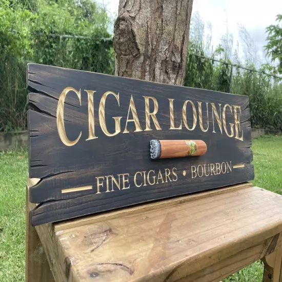 Cigar Lounge Whiskey Bar Bourbon Wood Sign Carved Rustic Tavern Antique Look