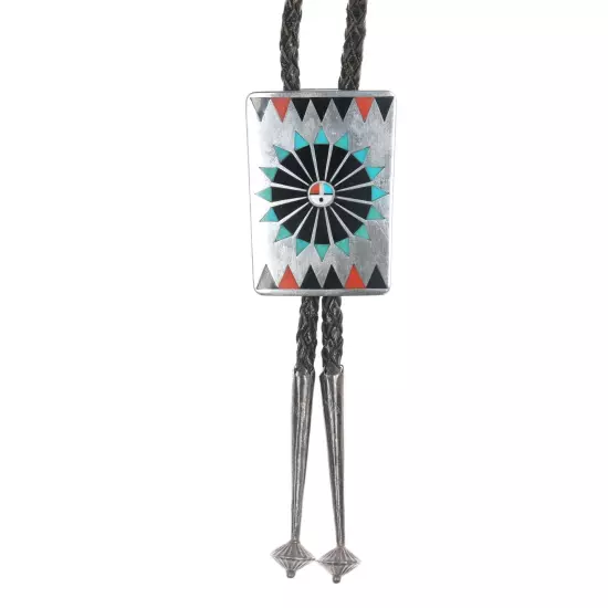 Fred and Lolita Natachu Zuni c1970's Sterling inlay bolo tie