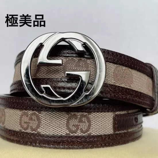 Gokumi GUCCI Belt Interlocking GG Canvas Silver Brown