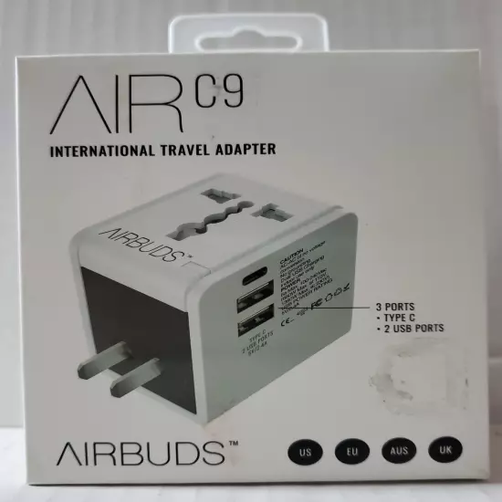 Air C9 International Travel Adaptor By Airbuds. 3 Ports Type C 2 USB