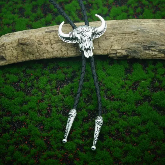 Vintage Men BOLO Tie Bull Head Pattern Wedding Necklace Alloy PU Western Cowboy