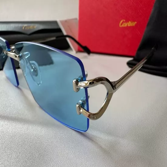 Men Cartier Sunglasses Rimless Glasses Blue Lenses Eyeglasses