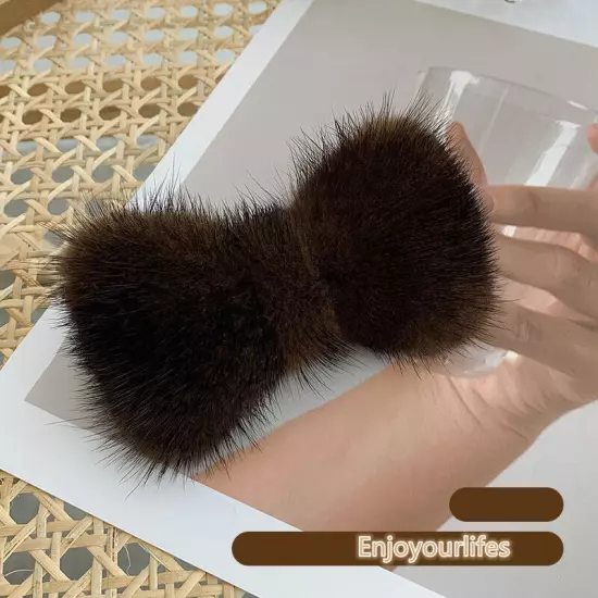 Women's Girls Cute Real Mink Fur Hair Clip Hairpin Bobby Pin Hair Claw Bowknot