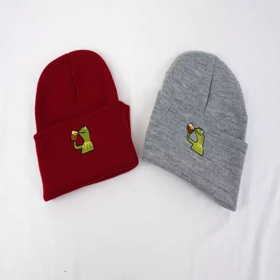 Kermit The Frog Sipping On Tea Red & Gray Beanie - One Size Fits All Lot of 55