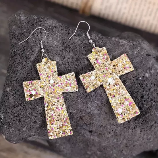 Golden Fashion Cross Design Dangle Earrings Full Sequins Decor PU Leather Women