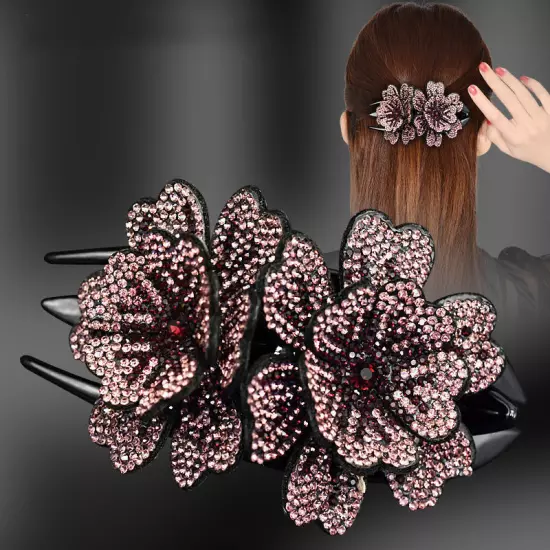 Ladies Rhinestone Double Flower Hair Clip Barrettes Crystal Comb Large Catch 1x-