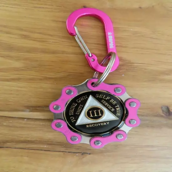 AA Key Chain Chip Holder Keyring Pink w/ Carabiner Alcoholics Anonymous Women's