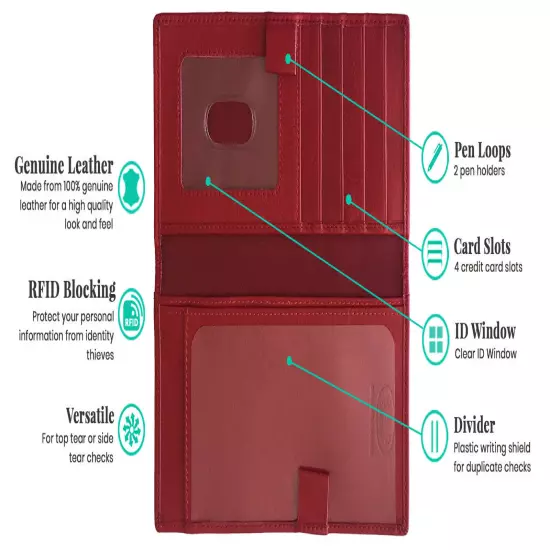 RFID Leather Checkbook Cover With Credit Card Slots and Pen Holder