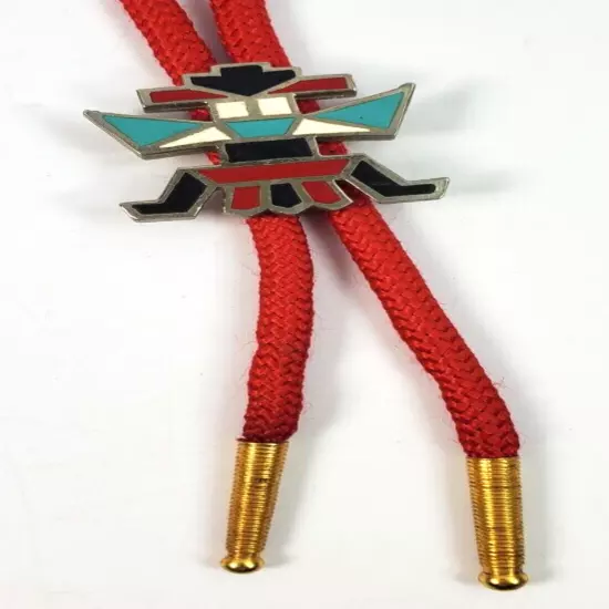 Vintage Bolo Tie Kachina Doll Enamel Inlay Slide Red Cord