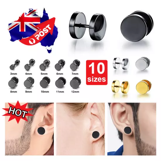 Pair Black Flat Round Barbell Plug Stud Earrings GYM MENS Stainless Steel 3-14MM