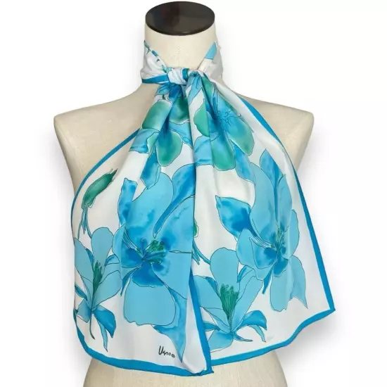 Vintage Vera Neumann Scarf Floral Rectangular White Bright Blue Delicate Long