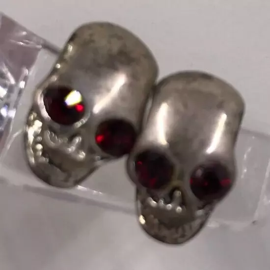 Silver Tone Smiling Skull Stud Pierced Earrings Red Rhinestone Eyes Halloween