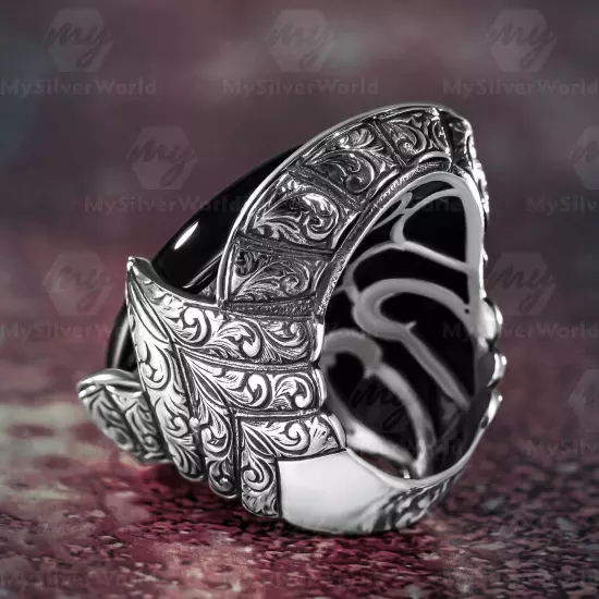 925 Sterling Silver Onyx Stone Engraved Design Turkish Handmade Huge Men's Ring