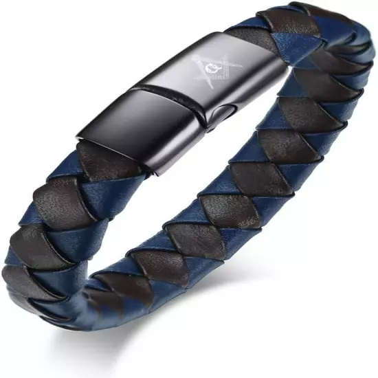 Men'S Personalized Stainless Steel Brown & Blue Braided Genuine Leather Bracelet