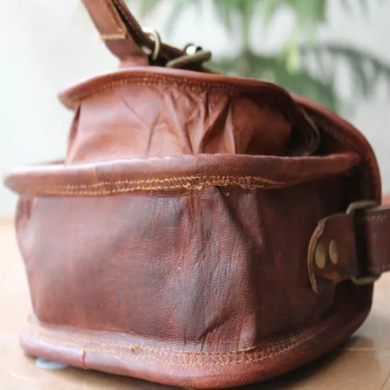 13" Women's Purse Vintage Genuine Brown Leather Cross Over Shoulder Handmade Bag