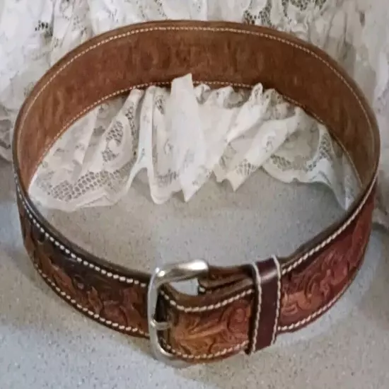 Nice Western Genuine Leather Belt Floral Hand Tooled ~ Removable Buckle Sz 28-33