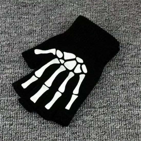 Gothic Knitted Black with White Skeleton Bones Fingerless Gloves... Punk U5U6