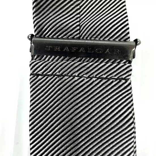 TRAFALGAR Suspenders Men’s Silk Black White Stripe Leather Button Ears