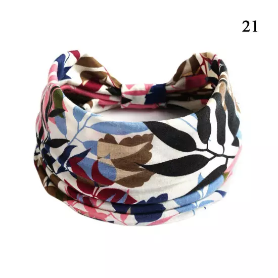 Women Boho Flower Print Wide Headband Vintage Knot Elastic Turban Headwrap *