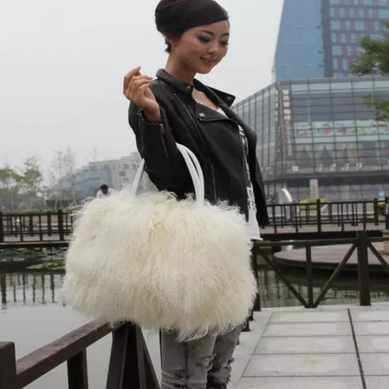 FINILUO Real Long Lamb Fur/Mongolian Fur with Genuine Leather Handles Handbag