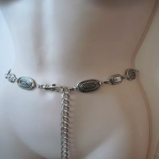 70's Ornate Silver Vintage Chain Belt O/S Adjustable Waist Full Length 58"