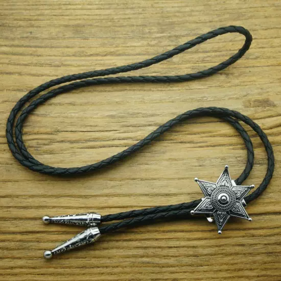 Vintage Men BOLO Tie Hexagonal Star Wedding Necklace Alloy PU Western Cowboy