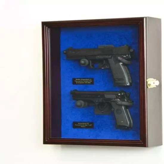 Gun Display Case 2 Guns Cherry LED Light Wood Blue Handgun Pistol Revolver Lock 